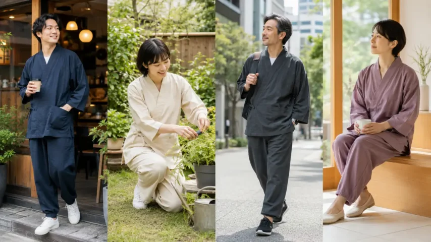 作務衣 普段着おかしいと気になる人向けに作務衣を着ている日本人男女のイメージ