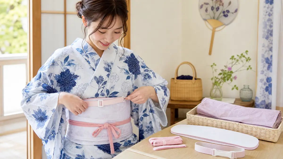 浴衣の着付け小物を使って帯まわりを整える20代女性