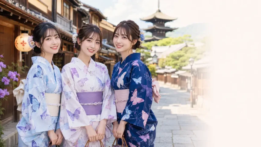 京都の街並みで蝶柄の浴衣を着た3人の女性