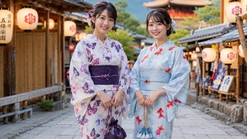 浴衣 蝶と浴衣 金魚の違いを比較する女性
