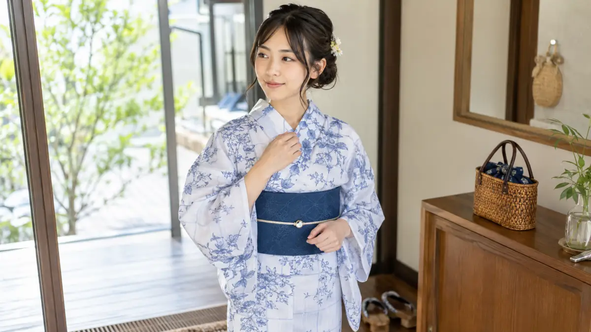 浴衣どっちが上女のまとめとして右前を確認する日本人女性