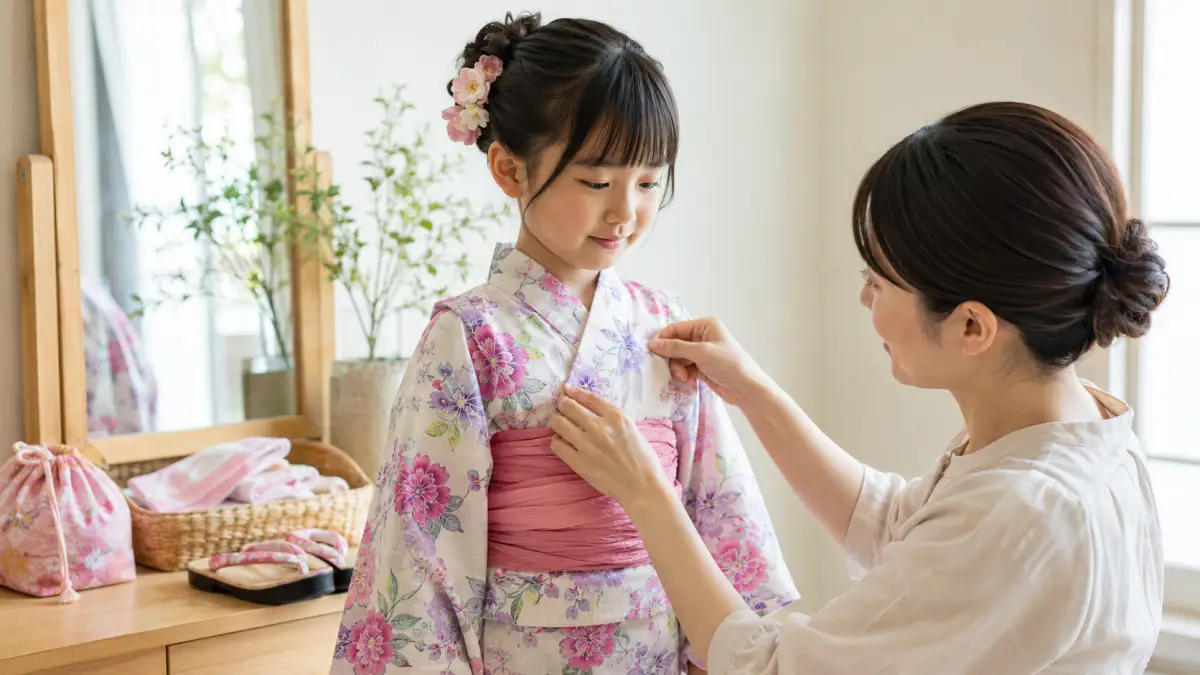 浴衣どっちが上女で女の子の右前を確認する親子