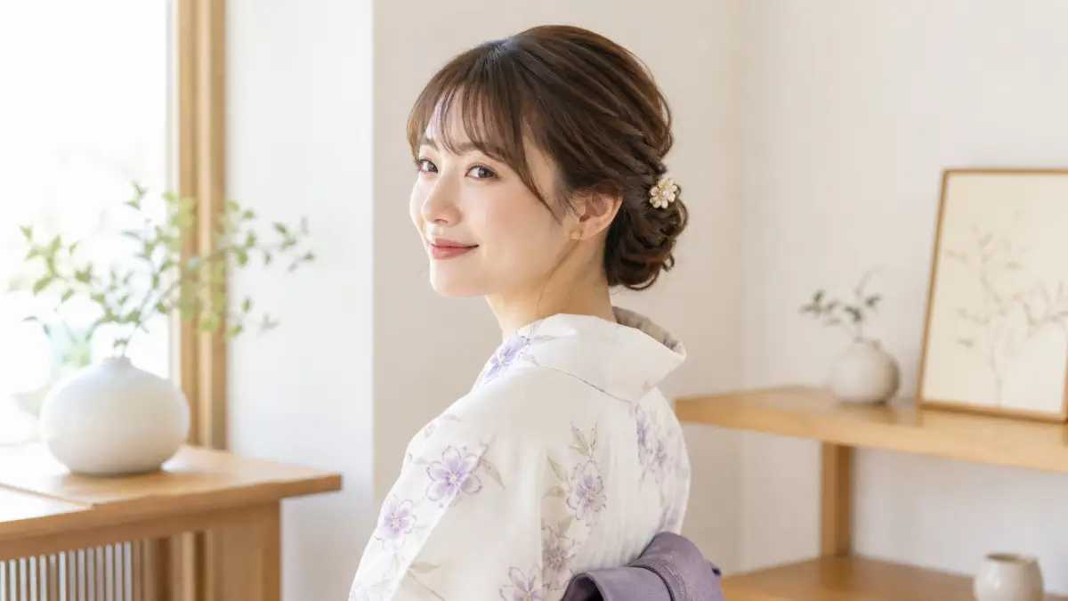 浴衣髪型簡単不器用向けのゴムだけで作るまとめ髪をした日本人女性