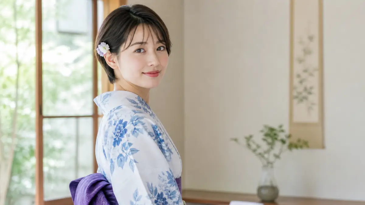 浴衣髪型簡単不器用ショート向けの耳かけアレンジをした日本人女性