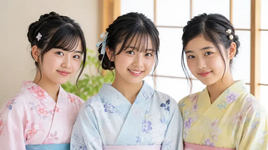 中学生の浴衣の髪型に合う前髪と小花・リボン・パールの髪飾り