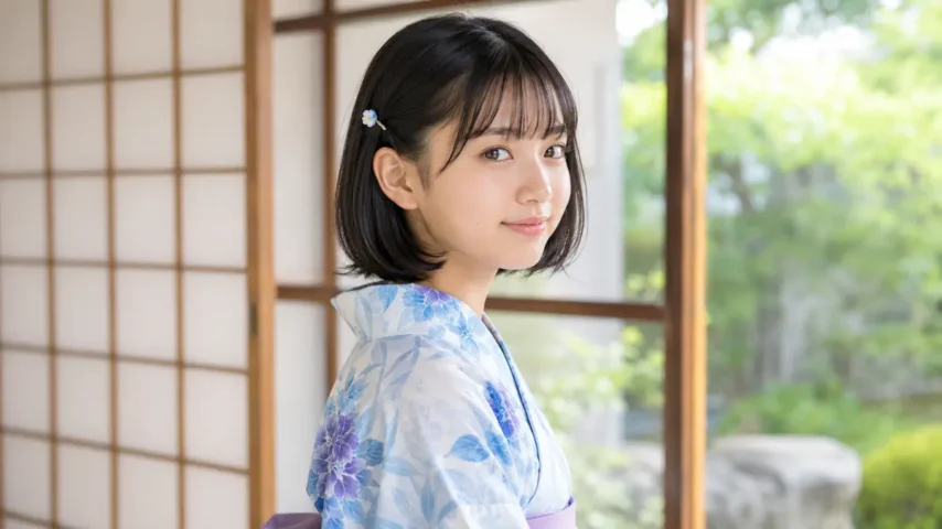 浴衣の髪型に似合う外ハネボブと小花ピンの中学生女子