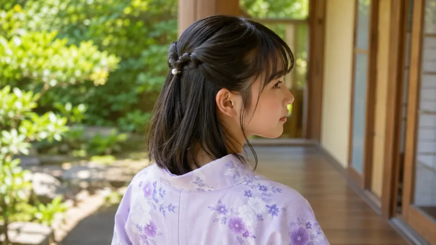 浴衣の髪型に似合うミディアムの簡単なくるりんぱハーフアップ