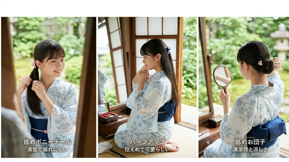 中学生の浴衣ヘアアレンジ選び 中学生に似合う清潔感のある浴衣ヘアアレンジの比較(低めポニーテール、ハーフアップ、低めお団子)