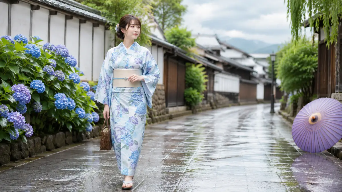 浴衣 6月に自然に着られるかを考える紫陽花と浴衣姿