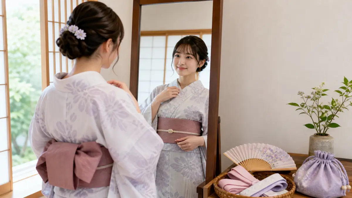 浴衣 祭りの着崩れ対策をする日本人女性
