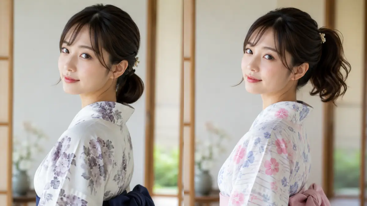浴衣に合う低め高めポニーテールの違いを比較する日本人女性の髪型