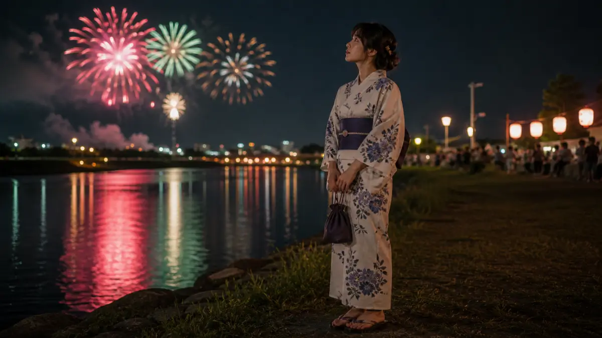浴衣 祭り 花火を楽しむ日本人女性
