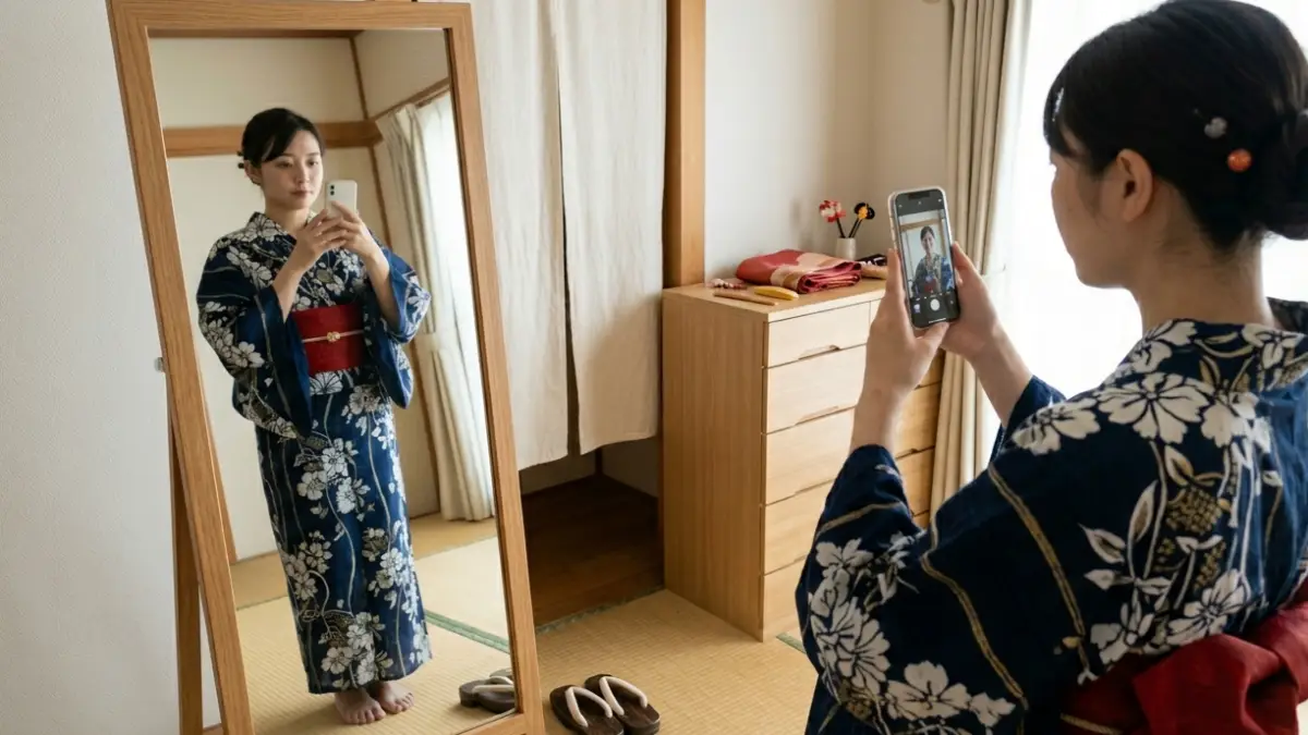 浴衣どっちが上女で迷う人向けの鏡と自撮り確認イメージ