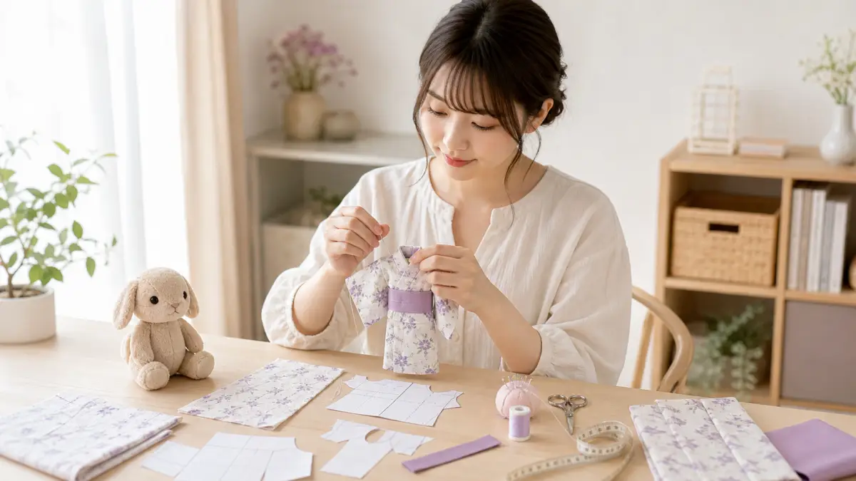 浴衣ぬいぐるみを手作りする作業風景のイメージ
