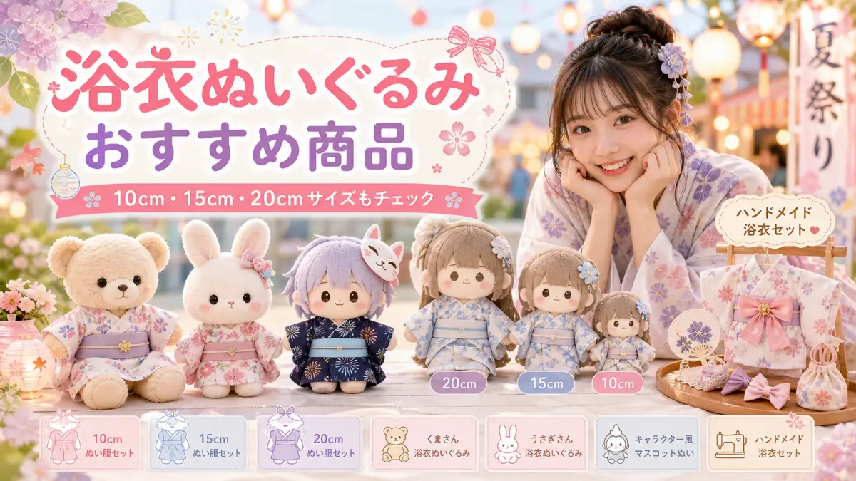 浴衣ぬいぐるみのおすすめ商品を10cm・15cm・20cmサイズ別に紹介するイメージ