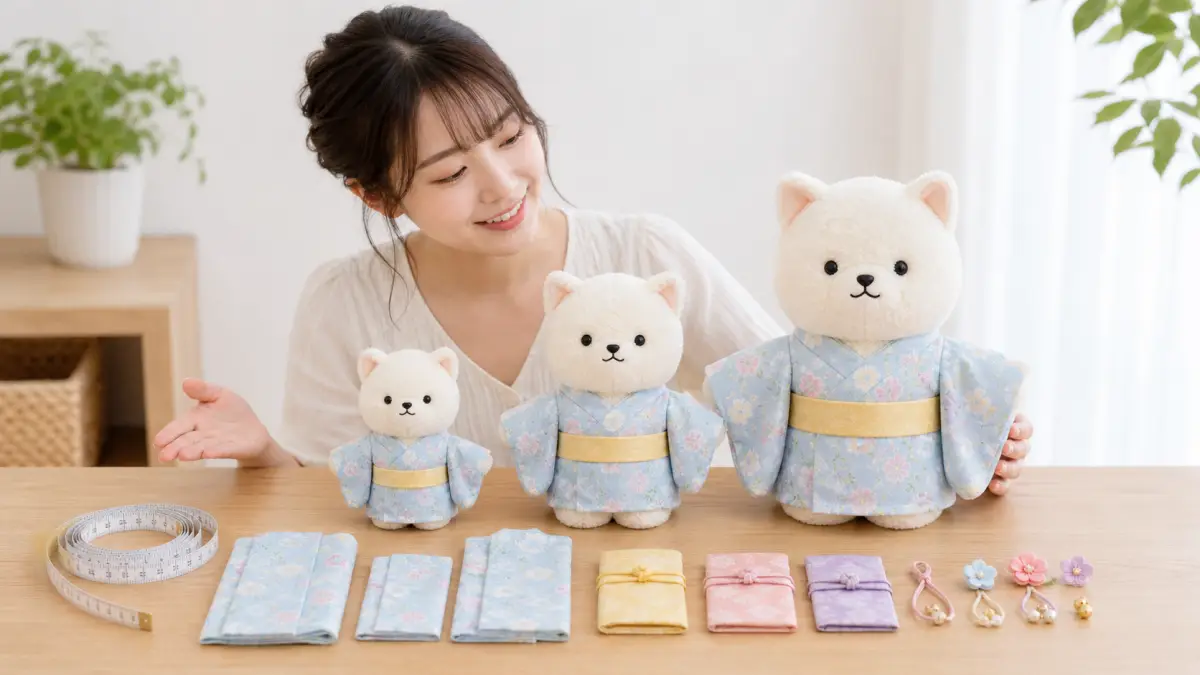 浴衣ぬいぐるみの10cm15cm20cmサイズ比較イメージ