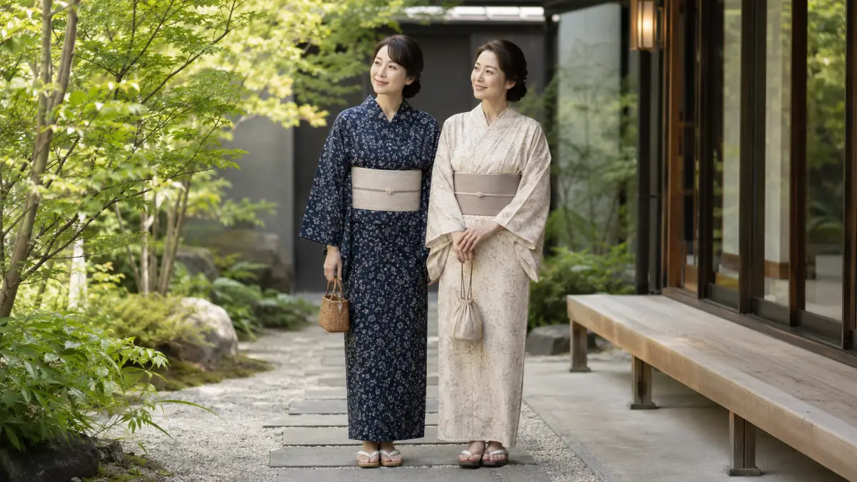 浴衣ワンピース大人を40代50代の日本人女性が上品に着るイメージ