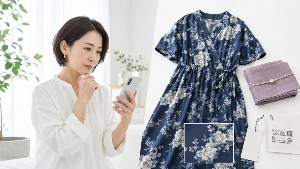 浴衣ワンピース大人を通販で購入する前に品質表示を確認する日本人女性
