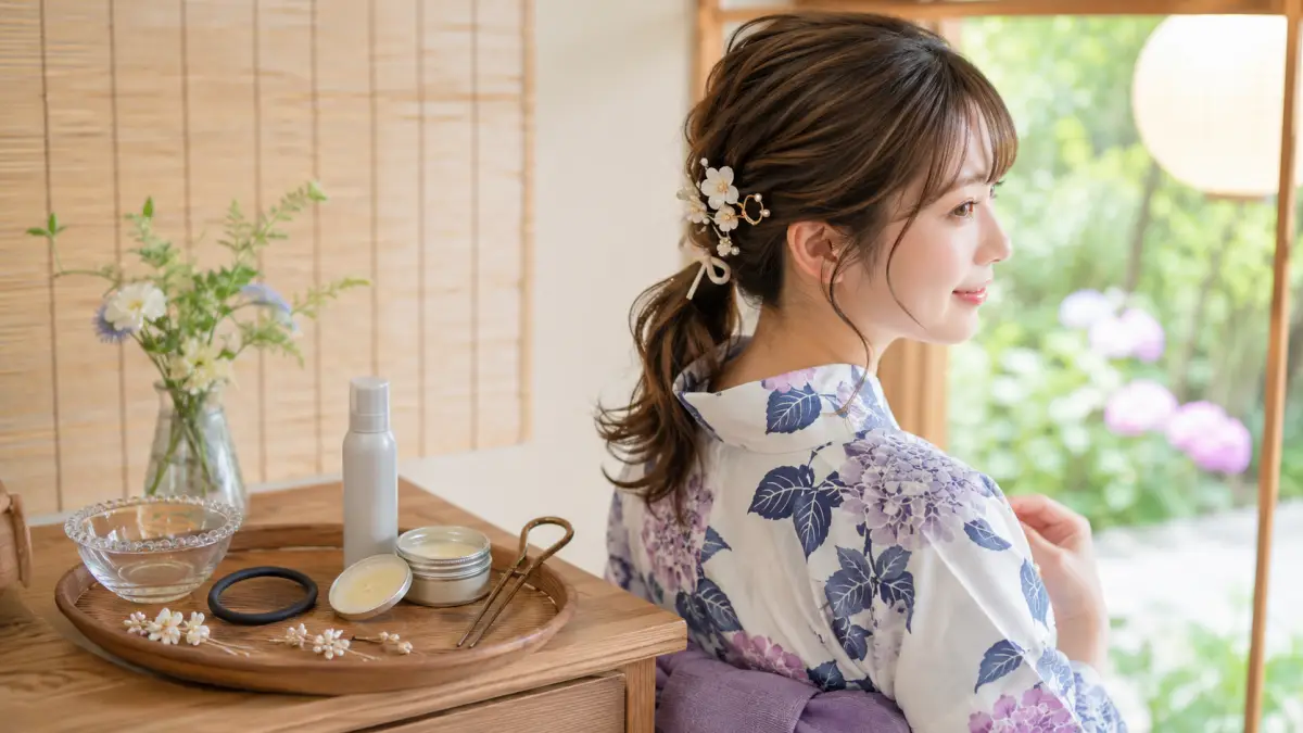 浴衣姿の女性が低めポニーテールに花飾りやパールピンを付け、ヘアゴムやヘアバームなどのおすすめ商品を並べているイメージ