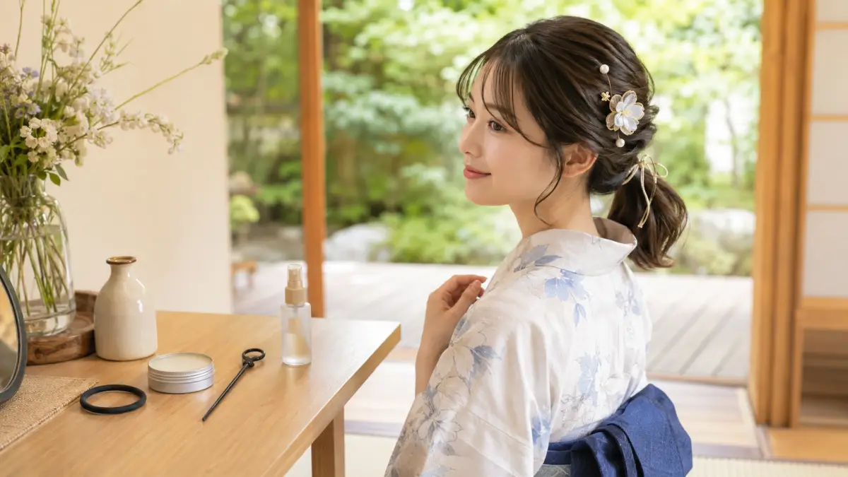 浴衣ポニーテールに花飾りやパールピンを合わせた髪飾りの使い方