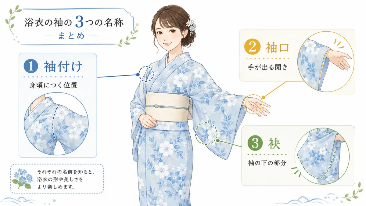 浴衣袖の描き方の要点まとめ画像 浴衣袖の描き方の要点を袖口袂袖付けで整理した日本人の浴衣イラスト