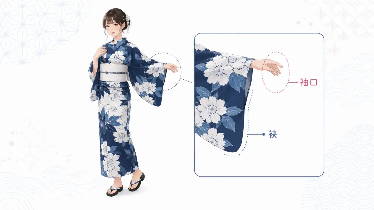 袖口と袂の違いが分かる浴衣袖の図解 浴衣袖の描き方で重要な袖口と袂の違いを示した日本人女性の図解イラスト