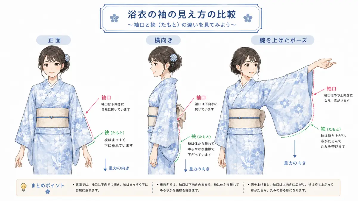 ポーズ別に見る浴衣袖の動き方イラスト 浴衣袖の描き方で正面横向き腕上げポーズの違いを示した日本人女性のイラスト