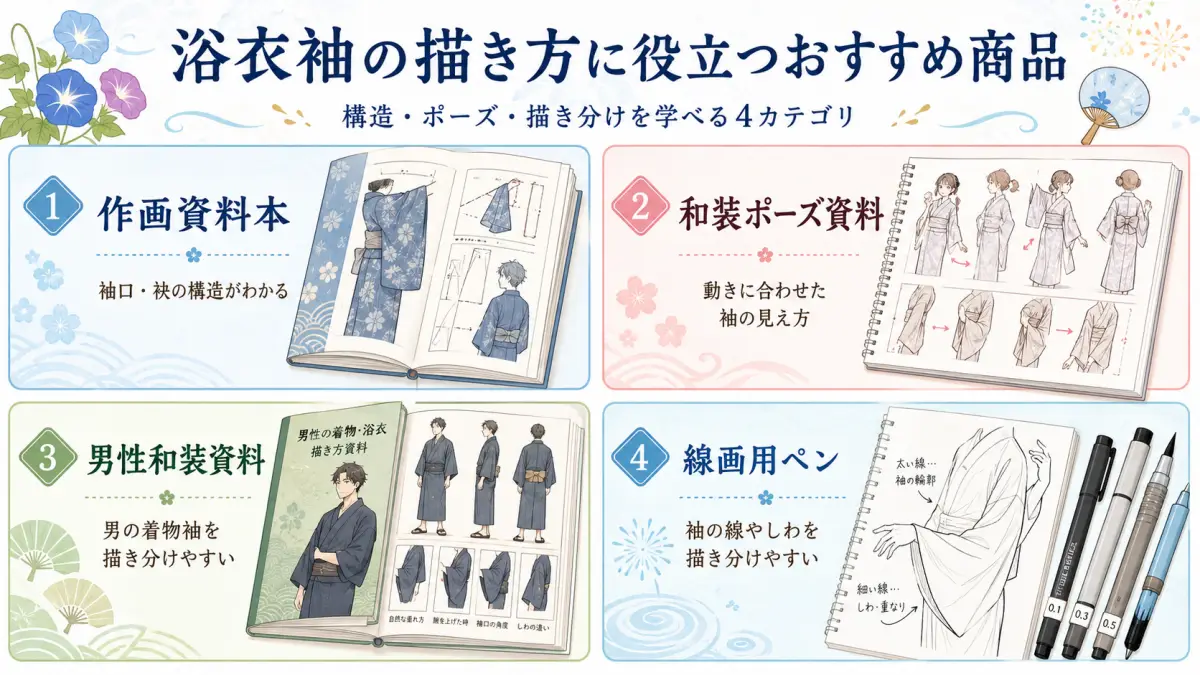 浴衣袖の描き方に役立つおすすめ商品 浴衣袖の描き方に役立つ作画資料本、和装ポーズ資料、男性和装資料、線画用ペンを4カテゴリで紹介した画像
