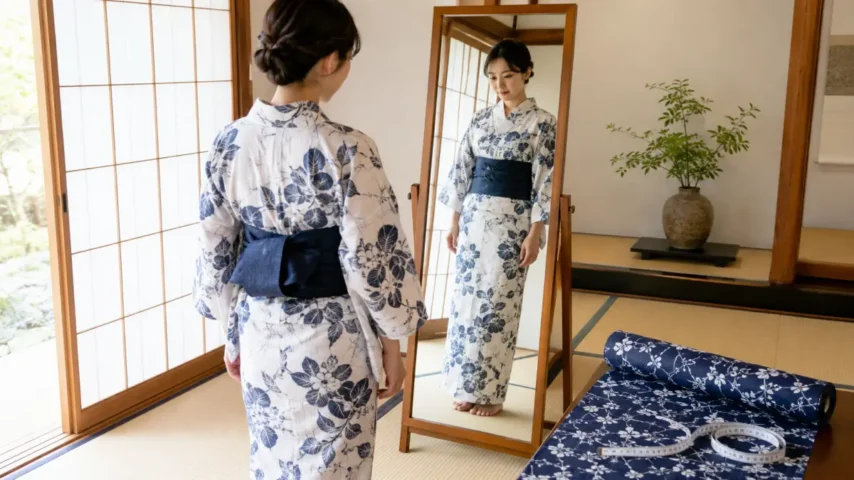 浴衣反物長さを身長別に確認する日本人女性と反物の画像