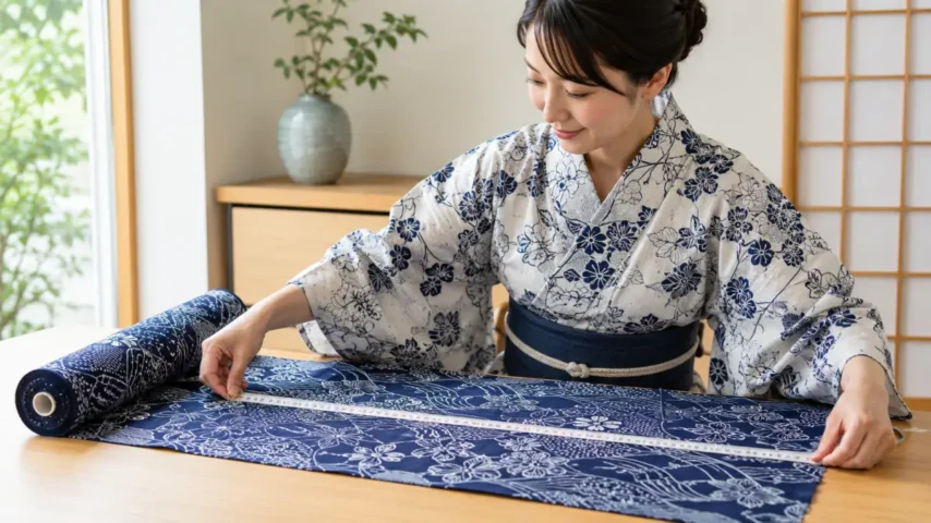 浴衣反物長さだけでなく幅と裄丈を確認する日本人女性の画像
