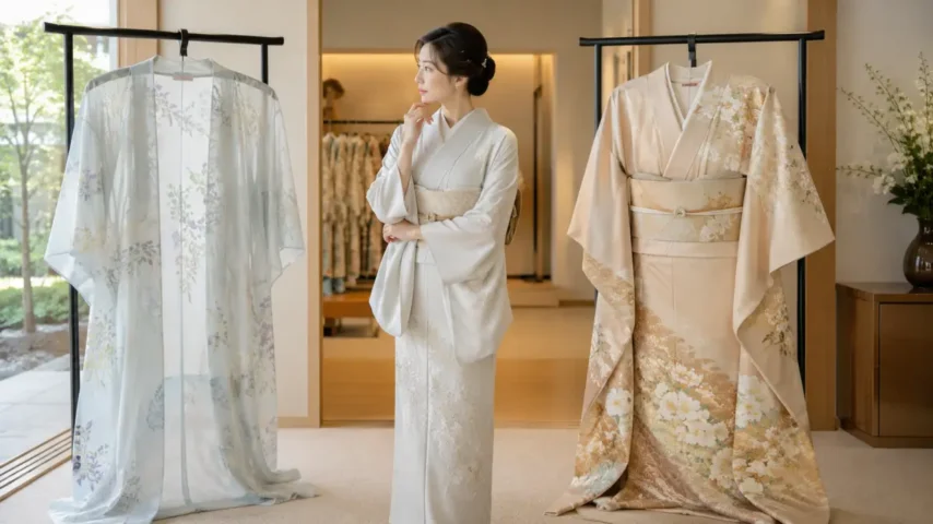 7月着物 結婚式で袷と絽を比較して選ぶ様子