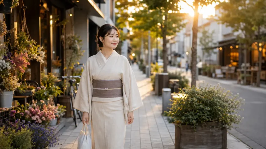 カジュアル 着物普段着を自分らしく楽しむ日本人女性の街歩き
