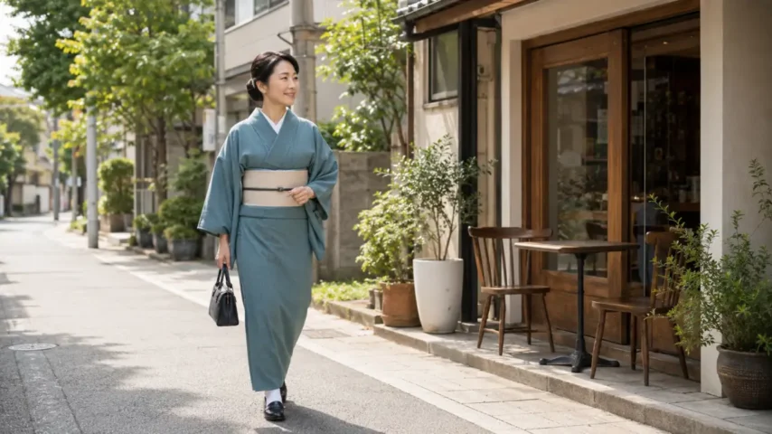 着物の和洋ミックスコーデでカフェへ出かける日本人女性