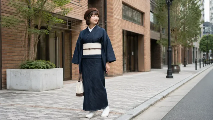 デニム着物にベレー帽と細いベルトを合わせた日本人女性のカジュアルコーデ