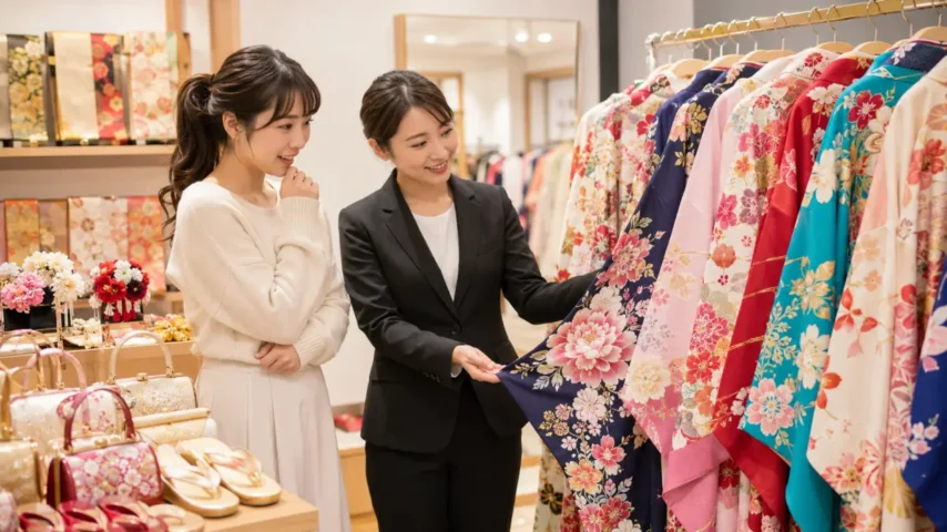 成人式の振袖レンタル20万円の料金とセット内容を比較する日本人女性