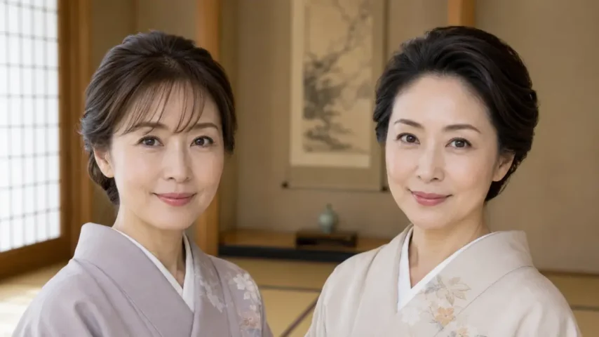訪問着髪型40代ミディアムの前髪ありと前髪なしを比較する日本人女性