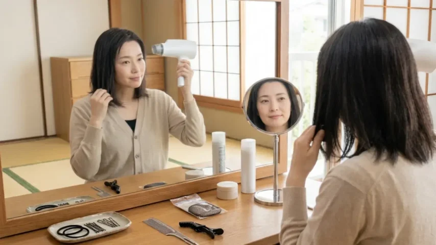 訪問着髪型40代ミディアムを自分で整える道具を準備する日本人女性