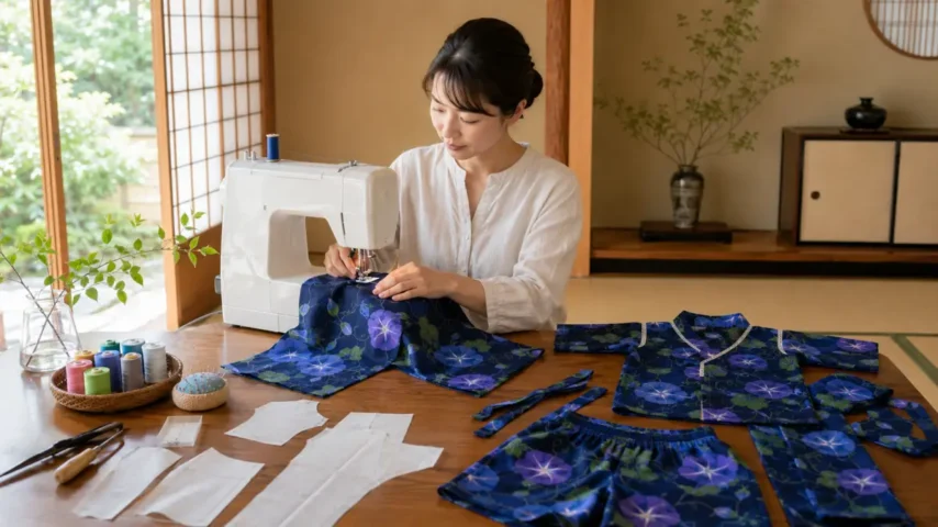 浴衣を甚平にリメイクするために裁断と縫製を進める日本人女性