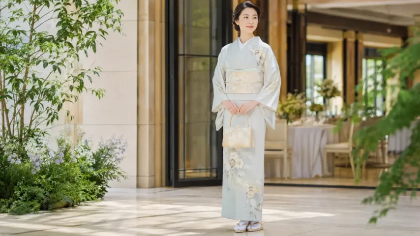 7月の結婚式にふさわしい淡い色の夏用訪問着を着た女性