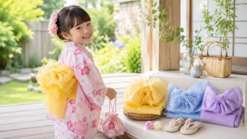 子供の浴衣帯色合わせ方と黄色の兵児帯 浴衣帯色合わせ方子供のコツがわかるピンク浴衣と黄色の兵児帯