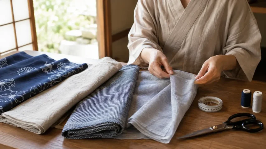 子供の浴衣を甚平にリメイクするために型紙と布量を確認する日本人女性