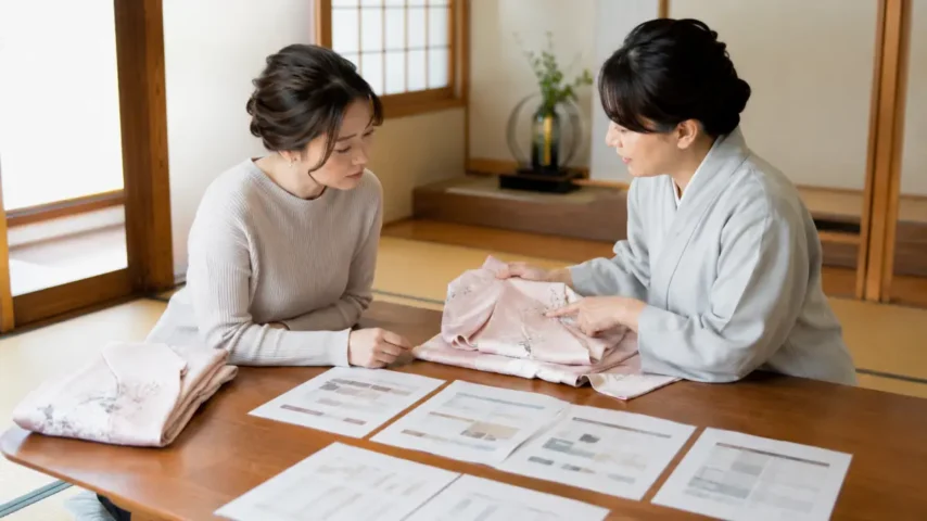 福岡の着物クリーニング料金と追加料金を比較する日本人女性