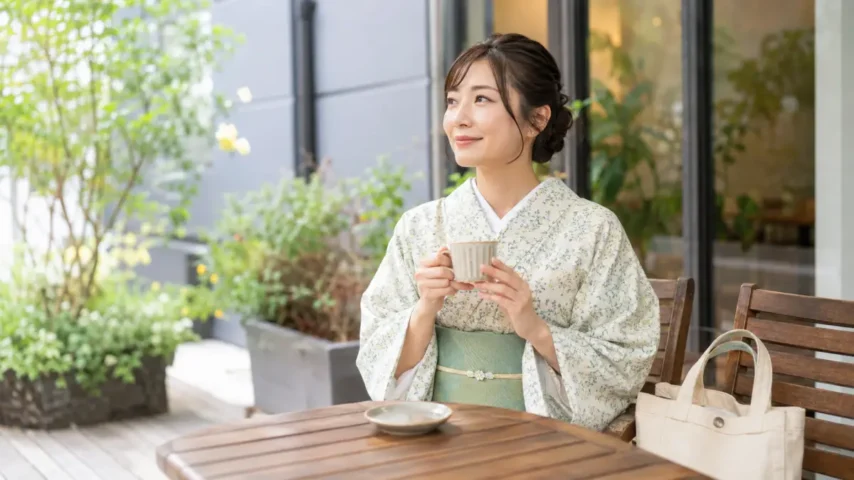 カジュアル 着物普段着でカフェや買い物を楽しむ日本人女性
