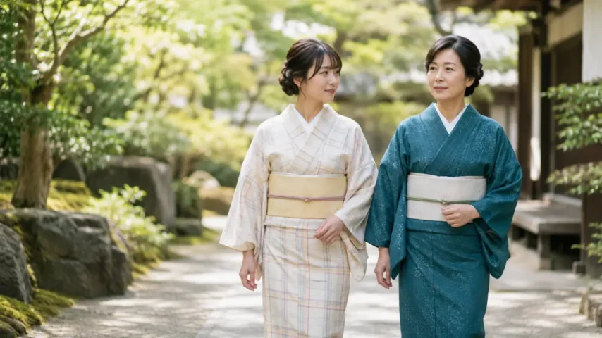 カジュアル 着物普段着を楽しむ20代と50代の日本人女性