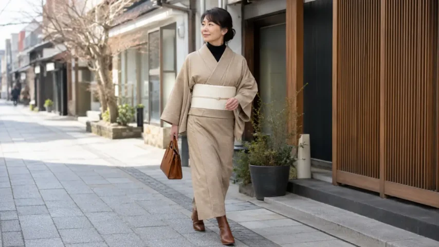 着物に薄手のタートルネックとショートブーツを合わせた和洋ミックスコーデ