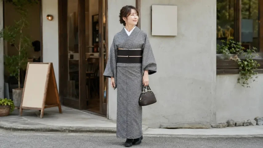 着物に帯や袖を傷めにくい洋服用ハンドバッグを合わせた日本人女性