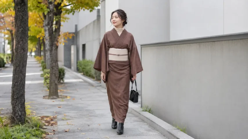 カジュアル 着物普段着にブーツと洋服用バッグを合わせた着こなし