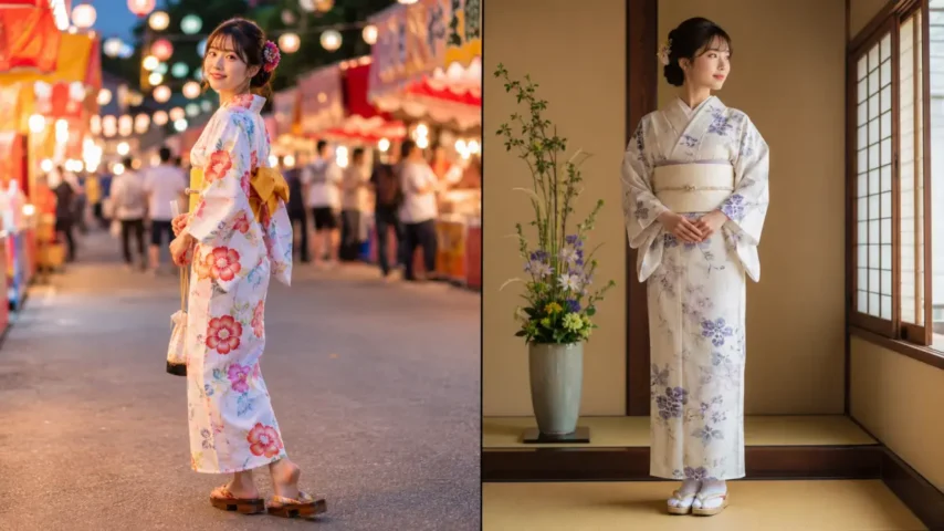 浴衣を着物として着る前に着物と浴衣の違いを確認する日本人女性