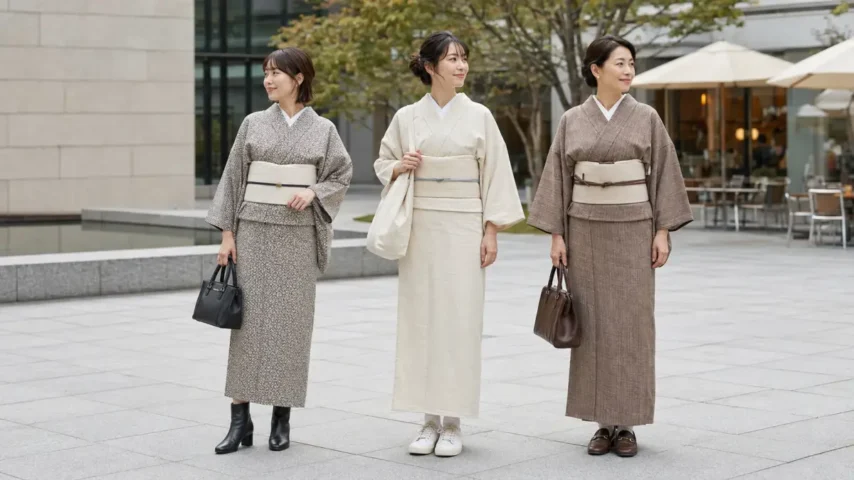 小紋・木綿・紬を普段着として着こなす日本人女性3人の比較