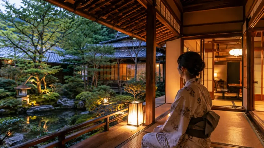 京都旅館の縁側と浴衣姿の女性 京都の旅館の縁側で浴衣姿の女性が庭園を眺めるイメージ